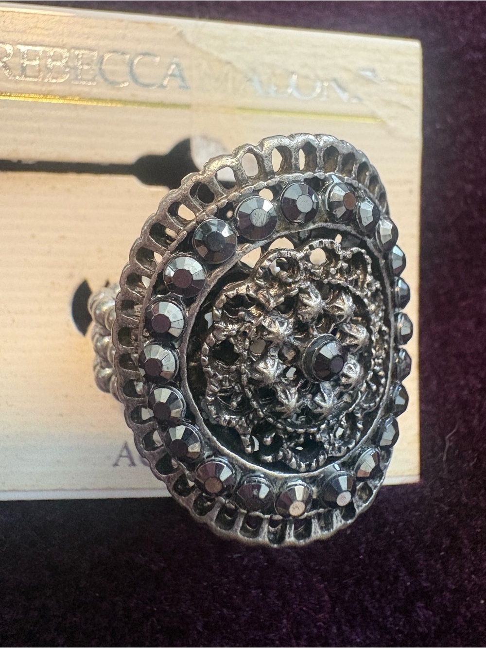 Rebecca Malone Silver-Tone Hematite Medallion Ring NWT